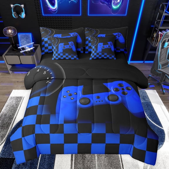 jejeloiu 3D Console Lovers 7-Piece Twin Bedding Sets,Modern Video Game Bedding Comforter Set,Blue Black Plaid Sheet Sets For Boy,Super Cozy Room Decor Reversible