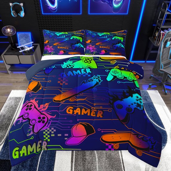 jejeloiu 3D Console Lovers Full Size Comforter Sets,Modern Video Game Bedding Comforter Set,Colorful Ombre Effect Bedding Sets For Boy,Super Cozy Room Decor Reversible,3-Piece