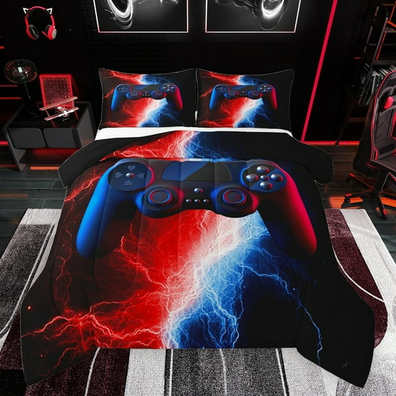 jejeloiu 3D Console Lovers Full Size Comforter Sets,Modern Video Game Bedding Comforter Set,Red Blue Lightning Bedding Sets For Boy,Super Cozy Room Decor Reversible,3 Pieces