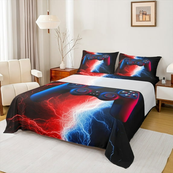 jejeloiu 3D Console Lovers Full Size Sheets,Modern Video Game Bed Sheets,Red Blue Lightning Sheet Sets For Boy,Super Cozy Room Decor,4 Pieces