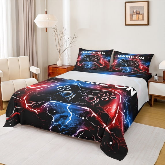 jejeloiu 3D Console Lovers Twin Sheet Sets,Modern Video Game Twin Fitted Sheet,Red Blue Ombre Flat Sheet For Boy,Super Cozy Room Decor,3 Pieces