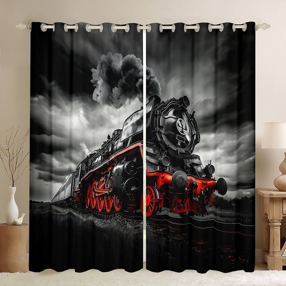 jejeloiu 3D Cool Train Black Out Curtains,Modern Desgin Curtains Pack of 2 (42x63 Each),Black Red Bedroom Curtains For Boys Kids,Microfiber Bedroom Decor