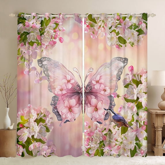 jejeloiu 3D Cute Butterfly Blackout Curtains Set of 2 (52x84 Each),Rustic Flowers Plants Window Curtains,Pink Floral Curtains and Drapes For Girls,Luxury Bedroom Decor