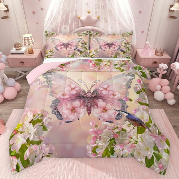 jejeloiu 3D Cute Butterfly Full Size Comforter Sets,Rustic Flowers Plants Bedding Comforter Set,Pink Floral Bedding Sets For Girls,Luxury Bedroom Decor Reversible,3-Piece