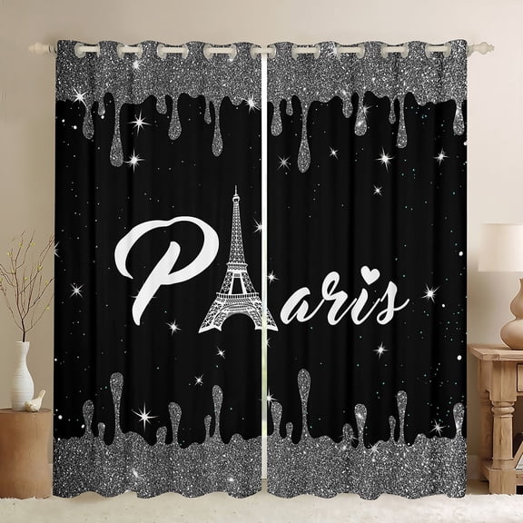 jejeloiu 3D Eiffel Tower Black Out Curtains,Romantic Paris Curtains Pack of 2 (42x63 Each),Gray Black Bedroom Curtains For Men Women,Microfiber Bedroom Decor