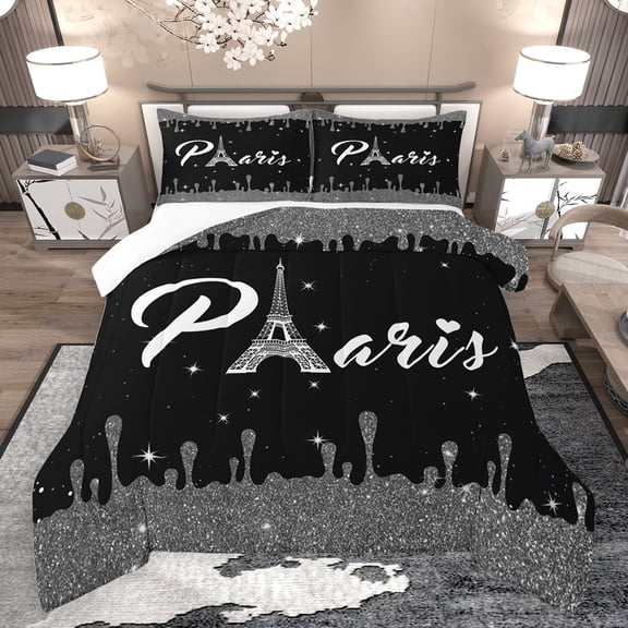 jejeloiu 3D Eiffel Tower Queen Comforter Set,Romantic Paris Bedding Sets,Gray Black Bedding Comforter Set For Men Women,Microfiber Bedroom Decor,3 Pieces