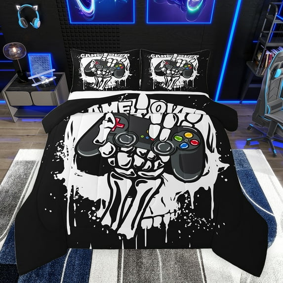 jejeloiu 3D Gamepad Controller Full Size Comforter Sets,Teens Video Game Bedding Comforter Set,White Black Bedding Sets For Boy Kids,Breathable Home Decor Reversible,3 Pieces