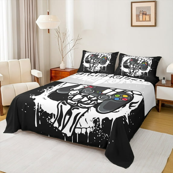jejeloiu 3D Gamepad Controller Full Size Sheets,Teens Video Game Bed Sheets,White Black Sheet Sets For Boy Kids,Breathable Home Decor,4 Pieces