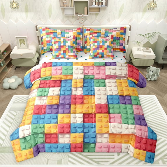 jejeloiu 3D Games 7-Piece Twin Bedding Sets,Building Blocks Bedding Comforter Set,Colorful Toy Brick Sheet Sets For Boys Girls,Luxury Bedroom Decor Reversible