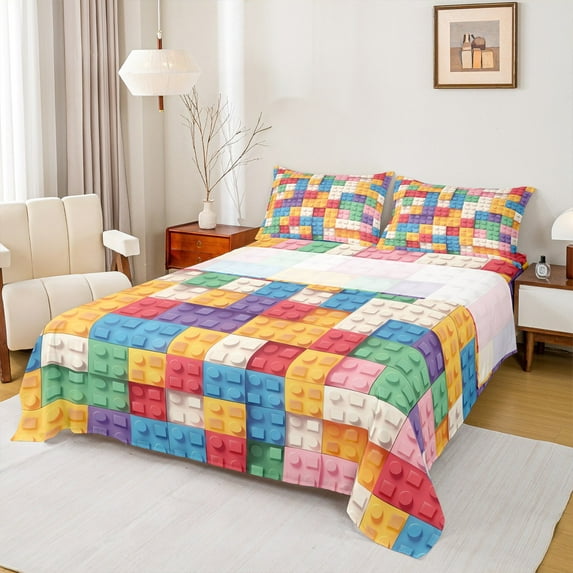 jejeloiu 3D Games Twin Sheet Sets,Building Blocks Twin Fitted Sheet,Colorful Toy Brick Flat Sheet For Boys Girls,Luxury Bedroom Decor,3pcs