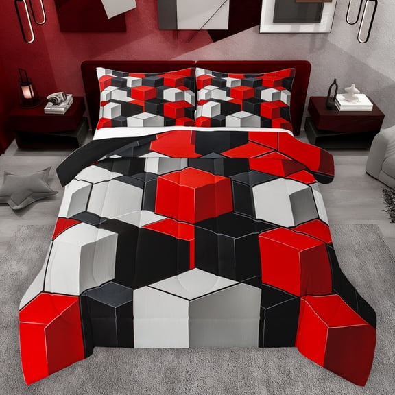 jejeloiu 3D Geometric Plaid Bedding Comforter Set,Abstract Checkered Twin Comforter Sets,Red Gray Black Bedding Set For Girls Boys,Super Cozy Room Decor Reversible,2pcs