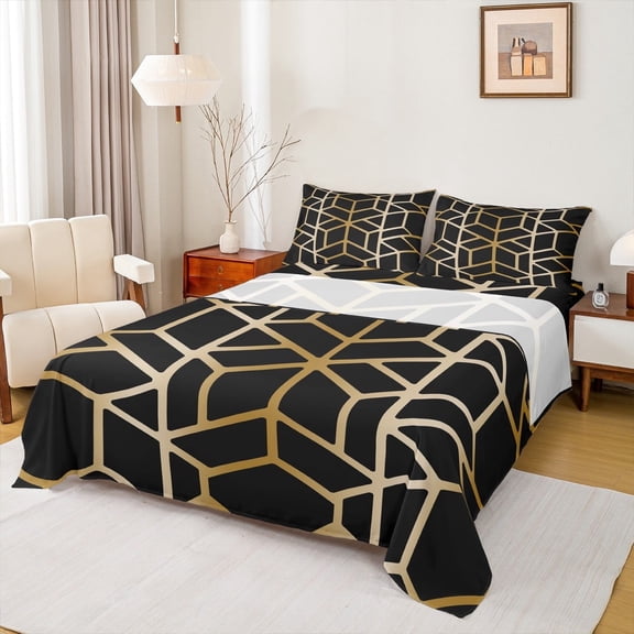 jejeloiu 3D Geometric Twin Sheet Sets,Modern Geometric Art Twin Fitted Sheet,Gold Black Flat Sheet,Lightweight Room Decorative,3 Pieces