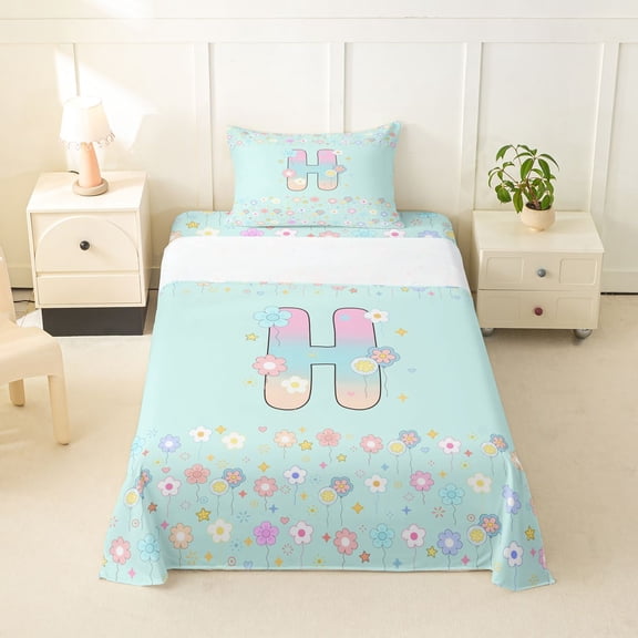 jejeloiu 3D Gradient Monogram H Print Twin Sheet Sets For Kids,Flower Rainbow Initial Alphabet Theme Bedding,3-Piece