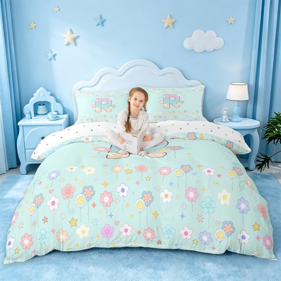 jejeloiu 3D Gradient Monogram R Print Duvet Cover Set For Kids,Flower Rainbow Initial Alphabet Theme Bedding Full,Reversible,3pcs(No Comforter)