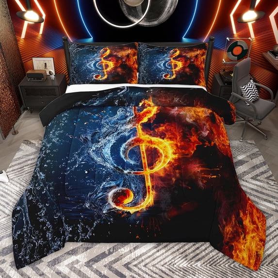 jejeloiu 3D Music Moldy Full Size Comforter Sets,Orange Blue Bedding Sets For Teens Reversible 3pcs