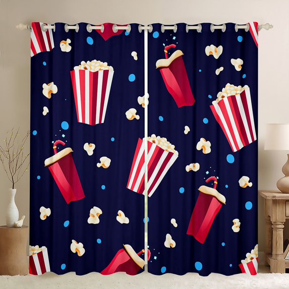 jejeloiu 3D Popcorn Blackout Curtains Set of 2 (52x84 Each),Vintage Cinema Movie Theater Window Curtains,Blue Circle Dots Curtains and Drapes For Teens,Breathable Home Decor