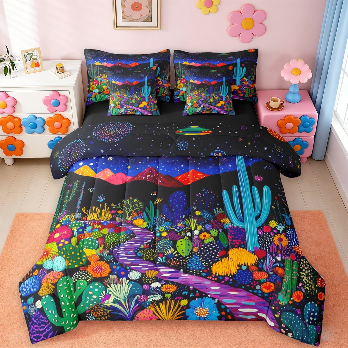jejeloiu 3D Tropical Botanical 7 Pieces Bedding Comforter Set,Cactus Flowers Floral Full Bedding Set,Boho Exotic Style Fitted Sheet Flat Sheet For Men Women,Super Cozy Room Decor Reversible