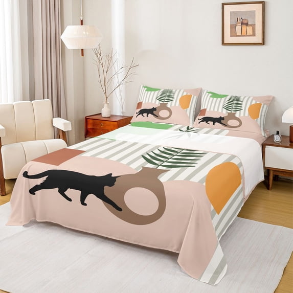 jejeloiu Abstract Aesthertic Art Queen Sheet Sets,Kawaii Kitten Flat Sheet,Retro Stripe Circle Pattern Queen Fitted Sheet For Kids,Microfiber Bedroom Decor,4-Piece