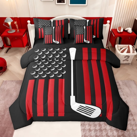 jejeloiu Abstract American Flag 7-Piece Twin Bedding Sets,Golf Ball Sport Bedding Comforter Set For Boys Girls Reversible