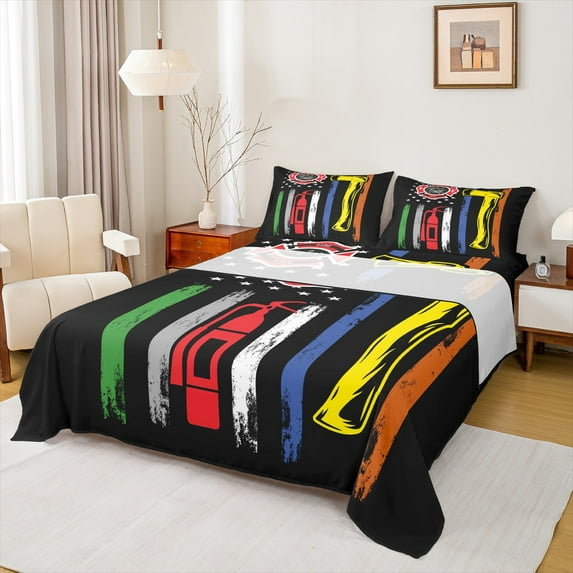 jejeloiu Abstract American Flag Full Size Sheets,Watercolor Graffiti Striped Bed Sheets,Fire Extinguisher Sheet Sets For Girl Boys,Ultra Soft Home Decor,4pcs