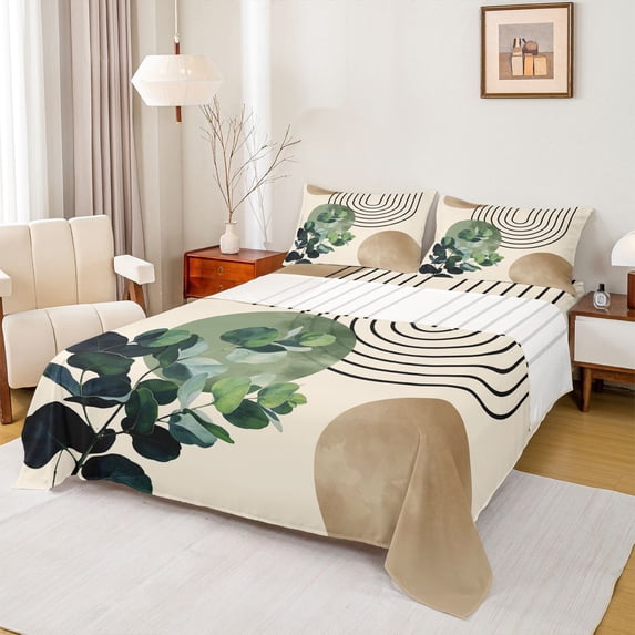 jejeloiu Abstract Artwork Queen Sheets For Men Women,Minimalist Print Queen Sheet Sets,Green Beige,4-Piece,1 Flat Sheet, 1 Fitted Sheet and 2 Pillowcases