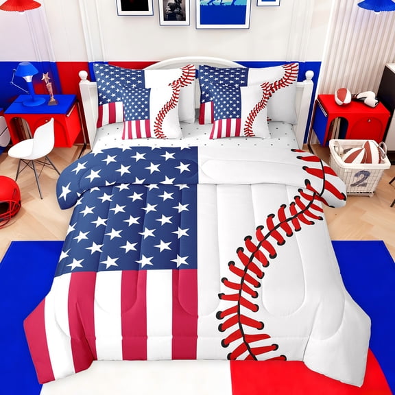 jejeloiu Abstract Baseball Pattern 7pcs Bedding Comforter Set,American Flag Print Queen Bedding Sets,Red White Blue Queen Sheet Sets For Kids,Luxury Bedroom Decor Reversible