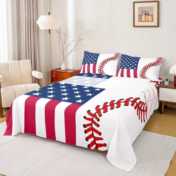 jejeloiu Abstract Baseball Pattern Full Size Sheets,American Flag Print Bed Sheets,Red White Blue Sheet Sets For Kids,Luxury Bedroom Decor,4 Pieces