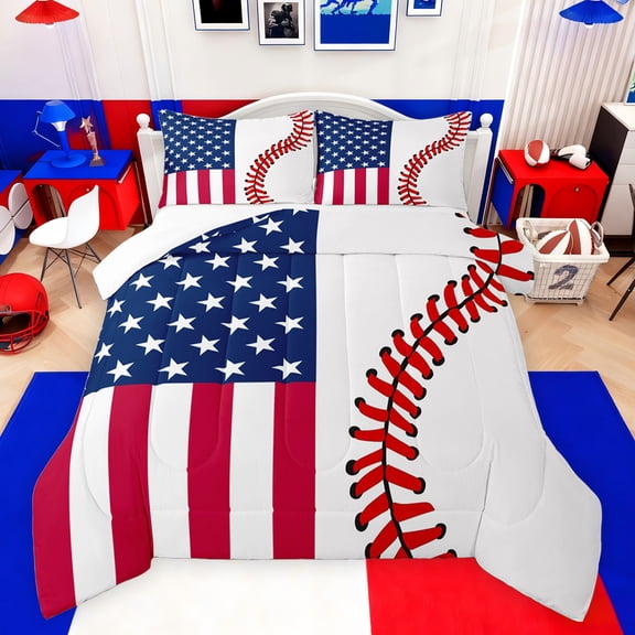 jejeloiu Abstract Baseball Pattern Queen Comforter Set,American Flag Print Bedding Sets,Red White Blue Bedding Comforter Set For Kids,Luxury Bedroom Decor,3pcs