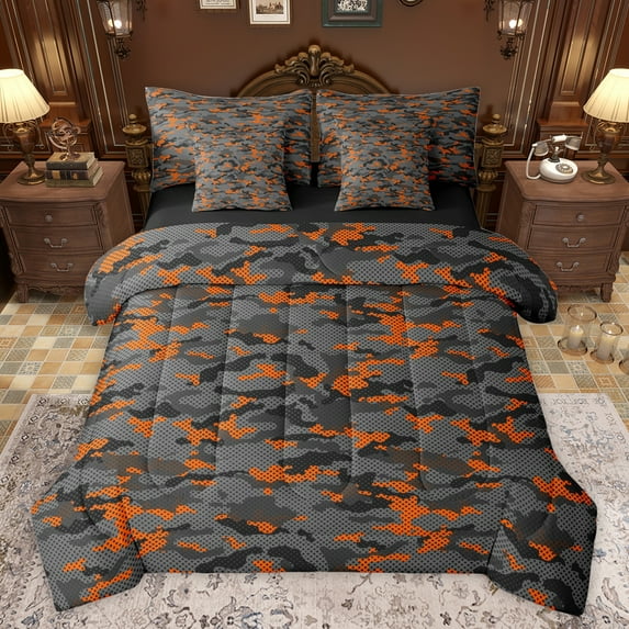jejeloiu Abstract Camouflage 7-Piece Twin Bedding Sets,Rustic Camo Bedding Comforter Set,Orange Green Black Sheet Sets For Boys Kids,Microfiber Bedroom Decor Reversible