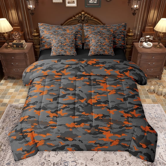 jejeloiu Abstract Camouflage 7pcs Bedding Comforter Set,Rustic Camo Queen Bedding Sets,Orange Green Black Queen Sheet Sets For Boys Kids,Microfiber Bedroom Decor Reversible