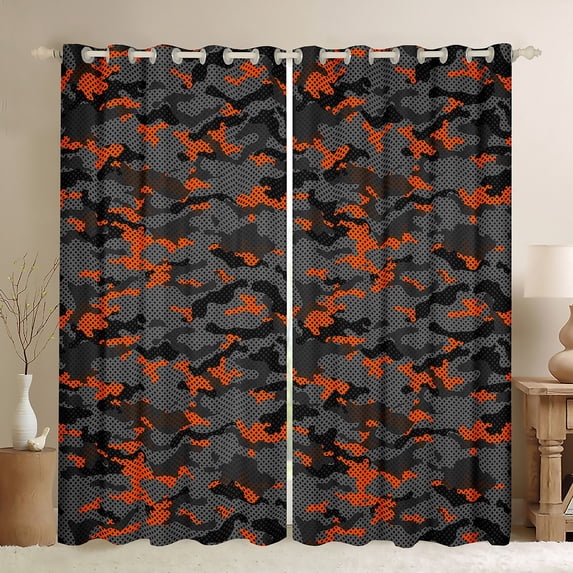jejeloiu Abstract Camouflage Blackout Curtains Set of 2 (52x84 Each),Rustic Camo Window Curtains,Orange Green Black Curtains and Drapes For Boys Kids,Microfiber Bedroom Decor