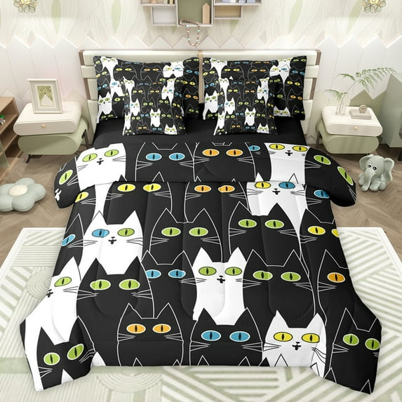 jejeloiu Abstract Cartoon Kitten 7-Piece Twin Bedding Sets,Colorful Cute Cat Bedding Comforter Set,White Black Sheet Sets For Girls,Super Cozy Room Decor Reversible