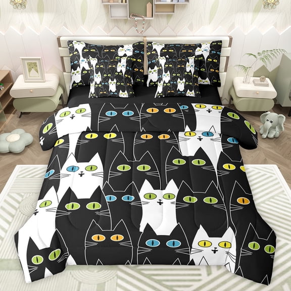 jejeloiu Abstract Cartoon Kitten 7pcs Bedding Comforter Set,Colorful Cute Cat Queen Bedding Sets,White Black Queen Sheet Sets For Girls,Super Cozy Room Decor Reversible