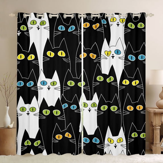 jejeloiu Abstract Cartoon Kitten Black Out Curtains,Colorful Cute Cat Curtains Pack of 2 (42x63 Each),White Black Bedroom Curtains For Girls,Super Cozy Room Decor