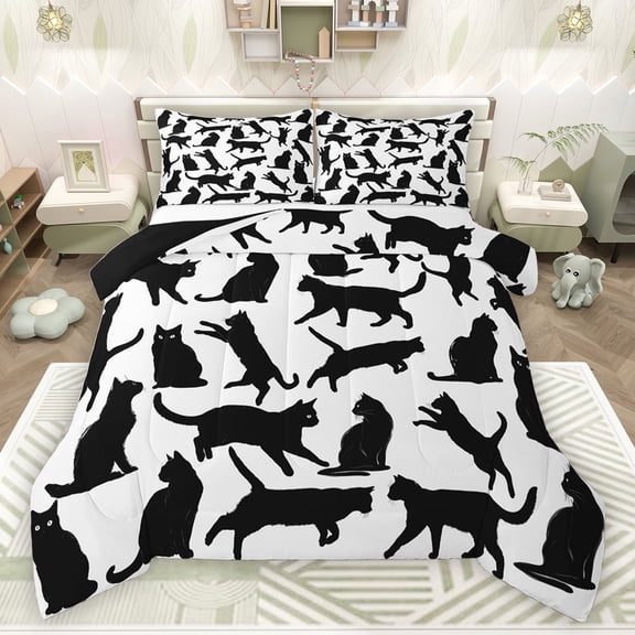 jejeloiu Abstract Cartoon Kitten Full Size Comforter Sets,Colorful Cute Cat Bedding Comforter Set,Blue White Bedding Sets For Girls,Super Cozy Room Decor Reversible,3pcs