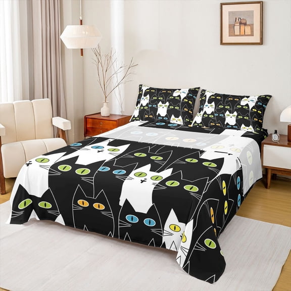 jejeloiu Abstract Cartoon Kitten Queen Sheet Sets,Colorful Cute Cat Flat Sheet,White Black Queen Fitted Sheet For Girls,Super Cozy Room Decor,4 Pieces