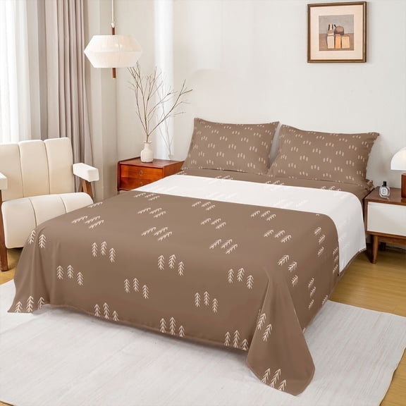 jejeloiu Abstract Cartoon Pine Queen Sheet Sets,Modern Geometric Artwork Flat Sheet,White Brown Queen Fitted Sheet For Girls Boys,Microfiber Bedroom Decor,4 Pieces