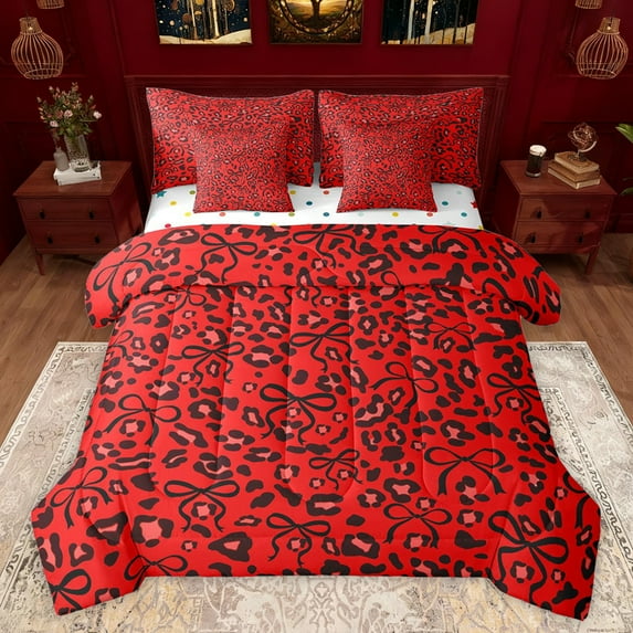 jejeloiu Abstract Cheetah Pattern 7pcs Bedding Comforter Set,Wild Animal Leopard Queen Bedding Sets,Black Red Queen Sheet Sets For Men Women,Breathable Home Decor Reversible