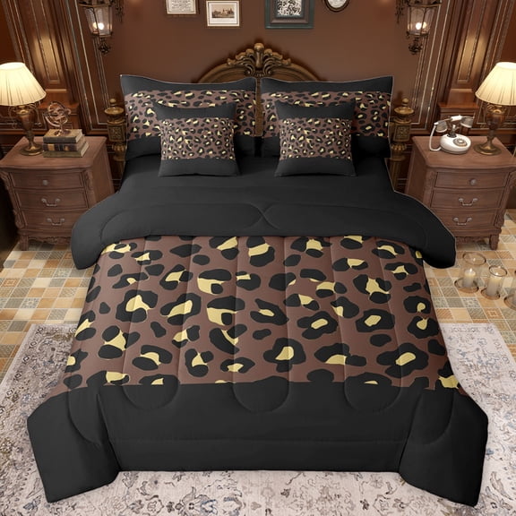jejeloiu Abstract Cheetah Print 7-Piece Bedding Comforter Set,Abstract Geometric Lines King Bedding Sets,Brown Black Bed Sheets For Teens,Super Cozy Room Decor Reversible
