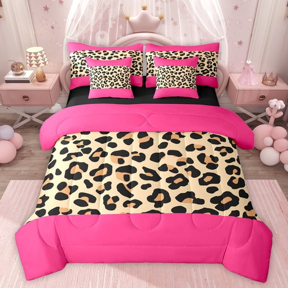 jejeloiu Abstract Cheetah Print 7-Piece Bedding Comforter Set,Abstract Geometric Lines King Bedding Sets,Pink Brown Bed Sheets For Teens,Super Cozy Room Decor Reversible