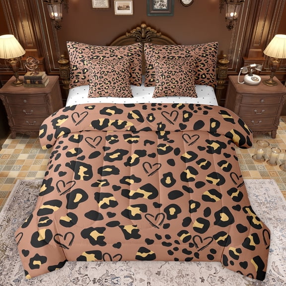 jejeloiu Abstract Cheetah Print 7pcs Bedding Comforter Set,Leopard Animal Texture Queen Bedding Sets,Brown Black Queen Sheet Sets For Teens,Super Cozy Room Decor Reversible
