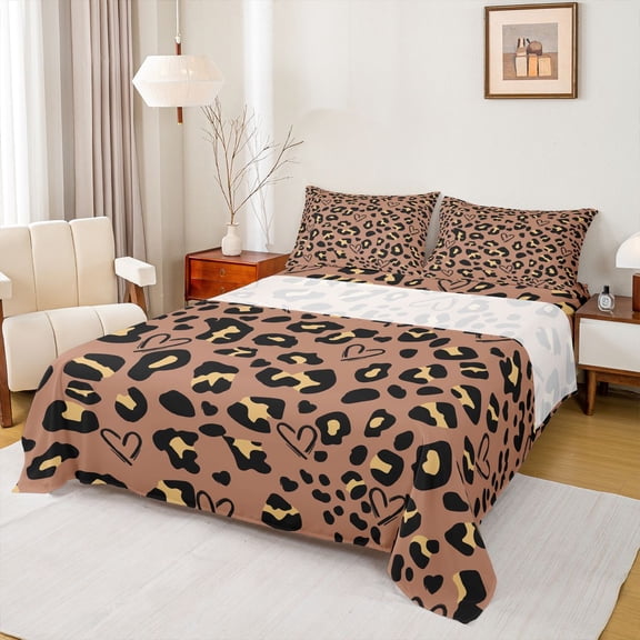 jejeloiu Abstract Cheetah Print Bed Sheets,Leopard Animal Texture King Sheets,Brown Black Sheet Set For Teens,Super Cozy Room Decor,4-Piece
