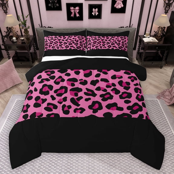 jejeloiu Abstract Cheetah Print Bedding Comforter Set,Abstract Geometric Lines Twin Comforter Sets,Pink Black Bedding Set For Teens,Super Cozy Room Decor Reversible,2-Piece