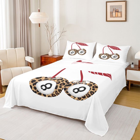jejeloiu Abstract Cherry Billiards Queen Sheet Sets,Kids Ball Game Flat Sheet,Brown White Queen Fitted Sheet For Adults,Ultra Soft Home Decor,4 Pieces