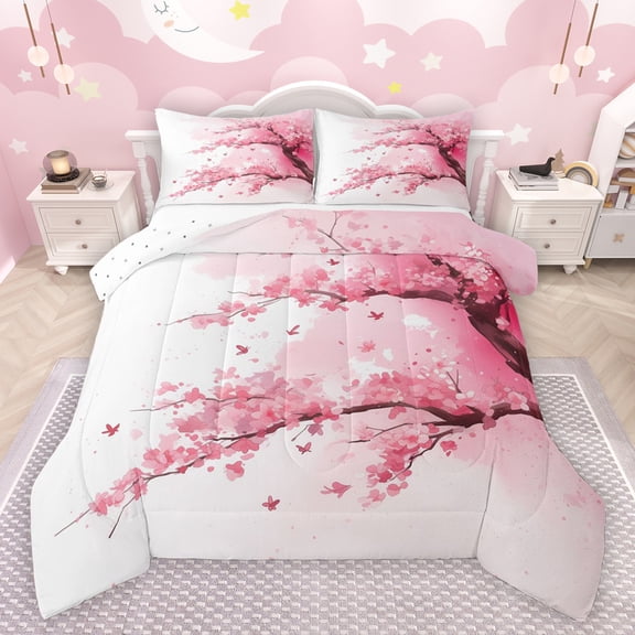 jejeloiu Abstract Cherry Floral Bedding Comforter Set,Pink Splashing Ink Twin Comforter Sets,Modern Aesthetic Art Bedding Set For Teens,Microfiber Bedroom Decor Reversible,2 Pieces