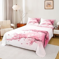 jejeloiu Abstract Cherry Floral Twin Sheet Sets,Pink Splashing Ink Twin Fitted Sheet,Modern Aesthetic Art Flat Sheet For Teens,Microfiber Bedroom Decor,3 Pieces