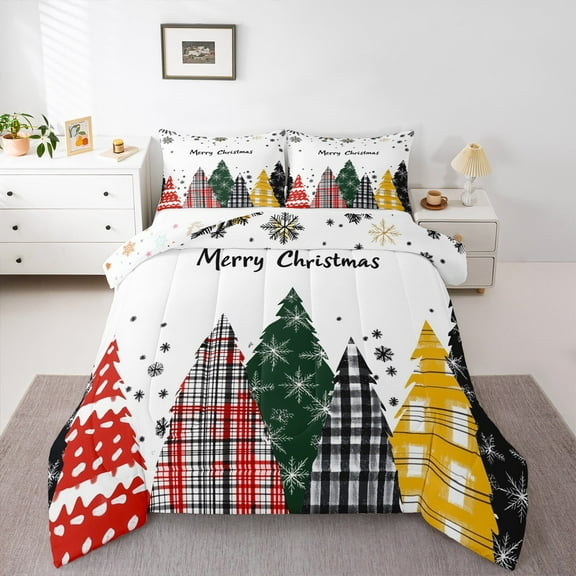 jejeloiu Abstract Christmas Tree Queen Comforter Set,Merry Xmas Bedding Sets,Black Snowflake Bedding Comforter Set For Kids,Ultra Soft Home Decor Reversible,3-Piece