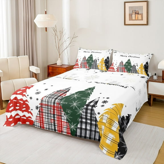 jejeloiu Abstract Christmas Tree Twin Sheet Sets,Merry Xmas Twin Fitted Sheet,Black Snowflake Flat Sheet For Kids,Ultra Soft Home Decor,3 Pieces