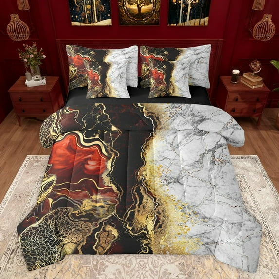 jejeloiu Abstract Fulid Art 7-Piece Twin Bedding Sets,Marble Desgin Bedding Comforter Set,Gold Glitter Print Sheet Sets For Adults,Breathable Home Decor Reversible