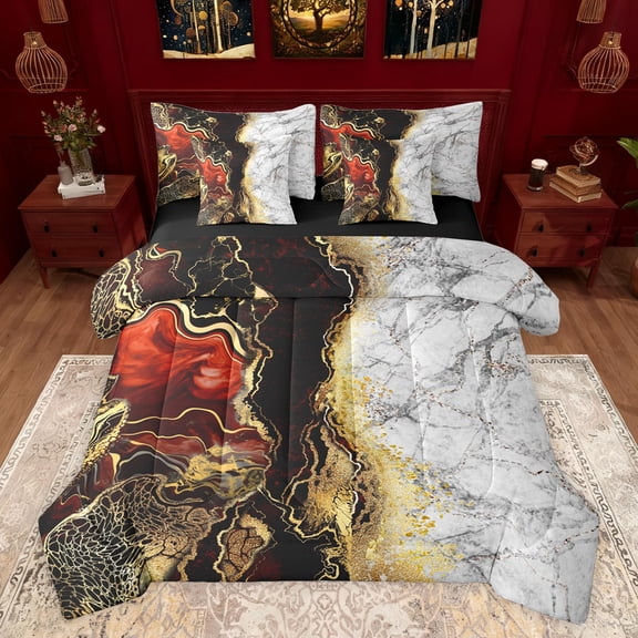 jejeloiu Abstract Fulid Art 7-Piece Twin Bedding Sets,Marble Desgin Bedding Comforter Set,Gold Glitter Print Sheet Sets For Adults,Breathable Home Decor Reversible